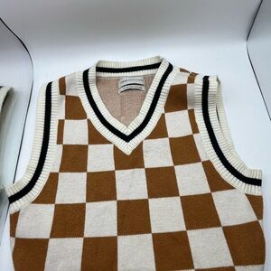 Mustard Brown and White Checkered Sweater Vest